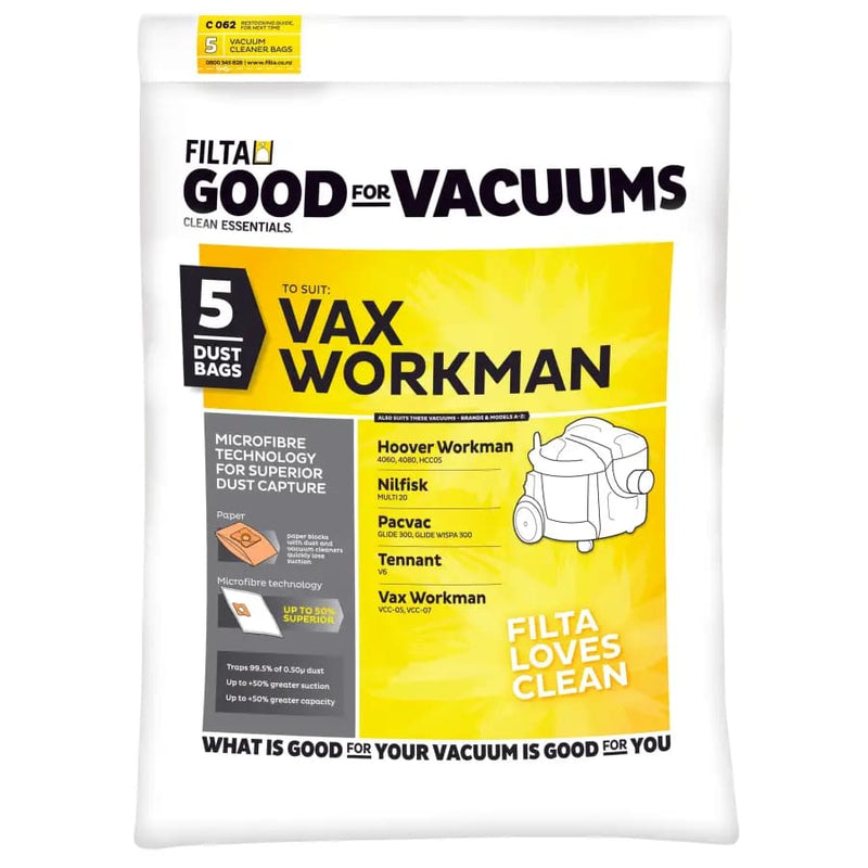 FILTA PACVAC GLIDE, VAX WORKMAN SMS MULTI LAYERED VACUUM CLEANER BAGS 5 PACK (C062) - Philip Moore Cleaning Supplies Christchurch