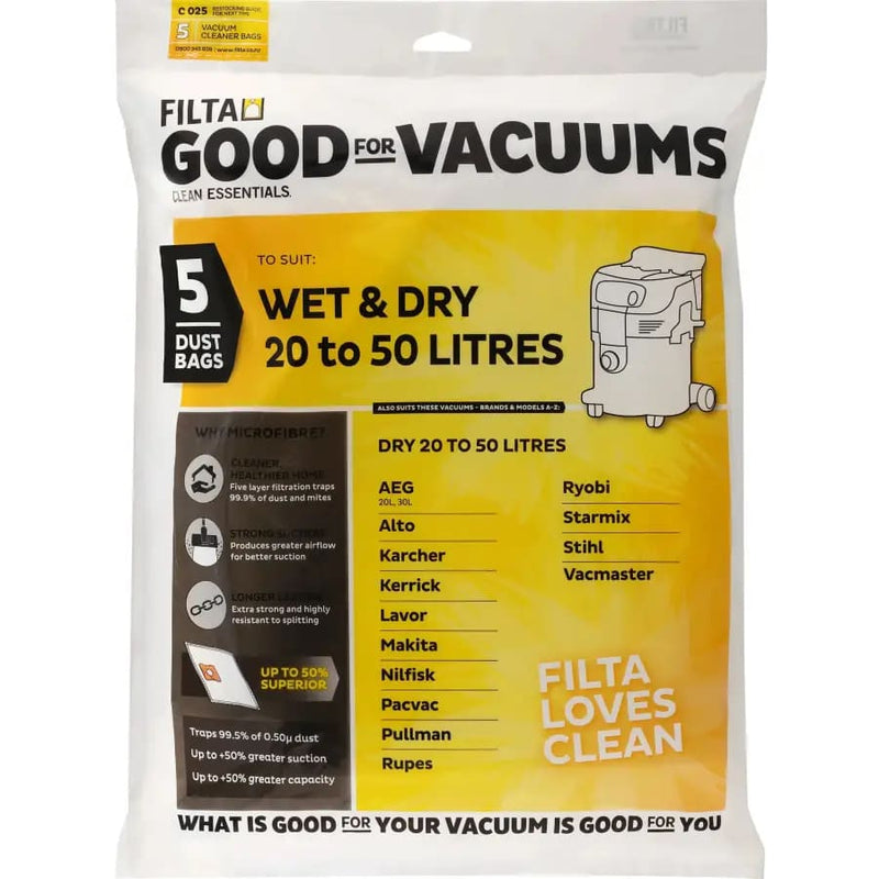 FILTA WET & DRY 50LT SMS MULTI LAYERED VACUUM CLEANER BAGS 5 PACK (C025) - Philip Moore Cleaning Supplies Christchurch