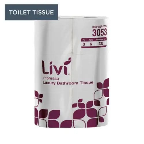 Livi Impressa Toilet rolls 3 ply 6 x 6, 225 sheets (36 rolls total) - Philip Moore Cleaning Supplies Christchurch